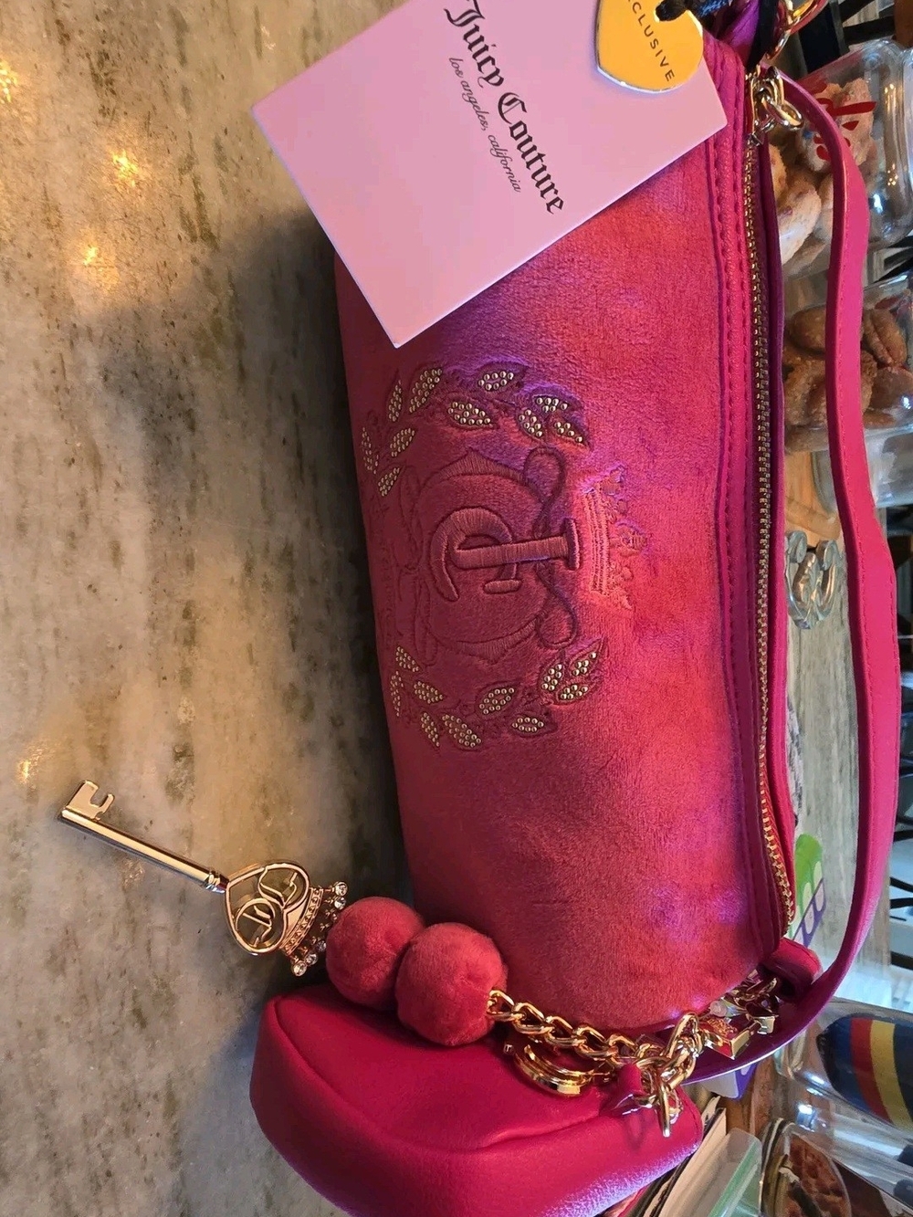 Juicy Couture Pink Embroidered Barrel Crossbody with Gold Charm Nwt